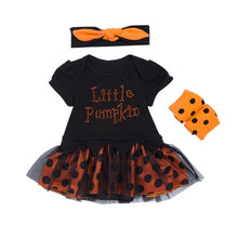 Load image into Gallery viewer, Halloween Costume Newborn One-pieces Short Sleeve Pumpkin Baby Bodysuit+Leg Warms+Headband 3pcs Baby Products For 0-24M